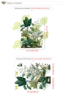 Detailed dimensions for palm leaves and birds wall decals with a finished size of 55x74cm