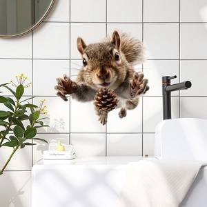 3D squirrel wall decal with pinecone for modern bathroom mirror and glass tile decor