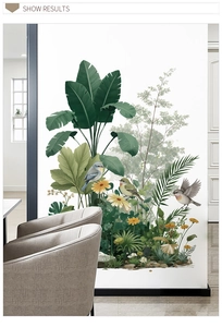 Detail of tropical palm leaves and birds wall decal in a modern living room setting