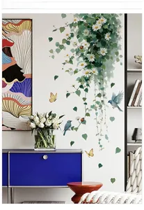 Detail showing hanging daisies, green vines, blue birds and yellow butterflies wall decal