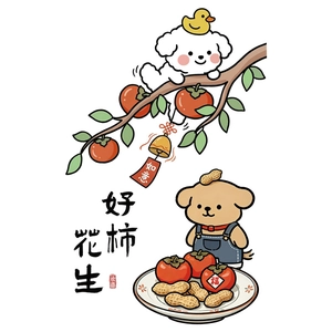 Chinese New Year puppy window sticker with lucky persimmons and peanuts decoration