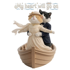 Titanic-themed cartoon cat figurines in wooden boat with 'My heart will go on' text