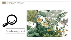 Detailed view of tropical wallpaper featuring birds, green palm leaves and yellow daisies