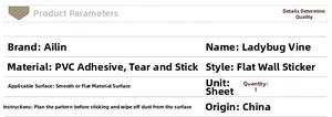 Detailed specifications table for removable PVC vine wall stickers with ladybug design