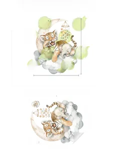 Detail showing sleeping tiger and elephant wall decals with moon and stars for nursery