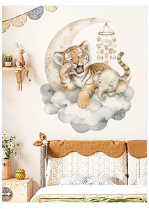 Detail of watercolor tiger and elephant wall stickers for cozy kids room decoration