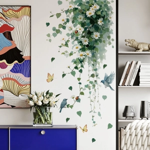 Pastoral Botanical Daisy Flowers Vine Wall Stickers Birds Butterflies Removable PVC Mural Decals For Home Living Room Bedroom Decor