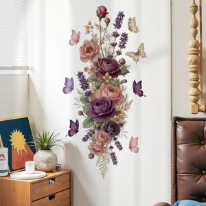 Adesivi murali con fiori di peonia e farfalle per decorazioni pareti della camera