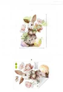 Detailed PVC Easter bunny wall sticker with colorful eggs and floral dress for window decor