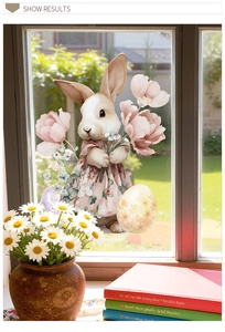 Easter window sticker featuring a cartoon bunny with floral eggs and pink peonies
