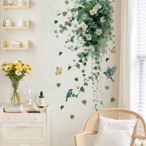 Watercolor vine wall sticker with white daisies, blue birds and yellow butterflies