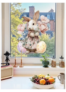 Detailed view of an Easter bunny window decal with floral dress and colorful egg stickers