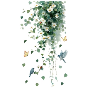 Floral wall decal featuring hanging white daisy vines with blue birds and yellow butterflies