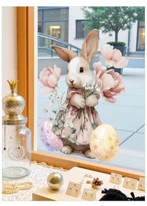Detail of watercolor Easter bunny and floral eggs decal on a glass window display