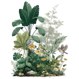 Tropical palm leaves and flowers wall decals with colorful birds for bedroom decor