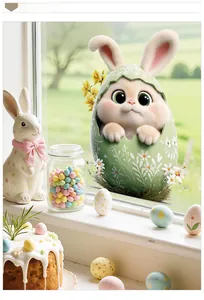 Detailed 3D Easter window sticker featuring a cute white rabbit in a green floral egg
