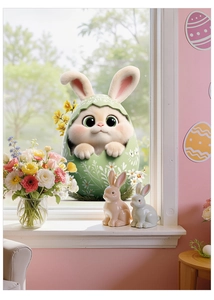 Detail of cute Easter bunny popping out from a floral green egg shell window sticker