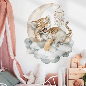 Watercolor elephant and tiger sleeping on moon and clouds wall decals for nursery