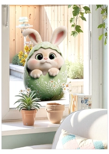 Close-up of cute Easter bunny egg window sticker on a sunny windowsill with home decor