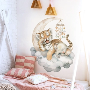 Cute cartoon tiger and elephant sleeping on moon wall stickers for kids nursery bedroom décor