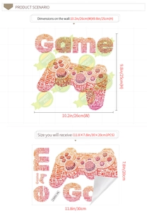 Detail of game controller wall sticker with product dimensions and layout diagram