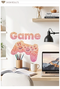 Detail view of gamer wall decal with orange gradient game controller made of text