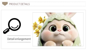 Detailed view of 3D cartoon bunny sticker with green eyes and floral eggshell texture