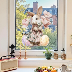 Easter bunny and floral eggs window decals in watercolor hand-painted style for home decor