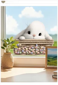 Detail of cute Easter bunny and colorful eggs window sticker on a cozy indoor glass window
