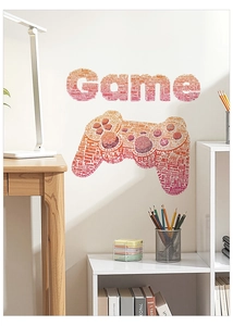 Macro detail of game controller wall decal with red-orange gradient word cloud pattern