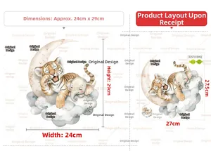 Detail view of cartoon tiger and elephant on moon wall decal with 24x29cm dimensions