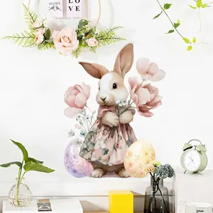 Easter rabbit wall sticker featuring flowers and colorful eggs in a cozy home setting
