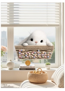 Detail of Easter bunny decal on window glass featuring a white rabbit in a woven basket