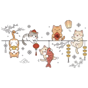 Autocollants de chats mignons avec lanternes de Nouvel An chinois et lingots d'or