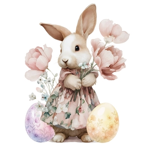 Easter bunny wall sticker with floral dress and painted eggs watercolor design