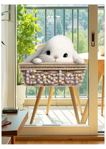 Detailed view of translucent Easter bunny and colorful egg stickers on glass window