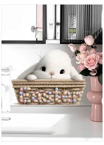 Detail of 3D Easter bunny wall sticker on bathroom mirror with cute woven basket
