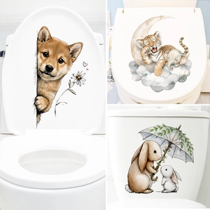 Cute Cartoon Animal Toilet Lid Sticker Waterproof Removable PVC Bathroom Wall Decal Dog Shiba Inu Rabbit Tiger Pattern