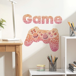 Gamer wall decal featuring a controller word cloud in orange and red for bedroom decor