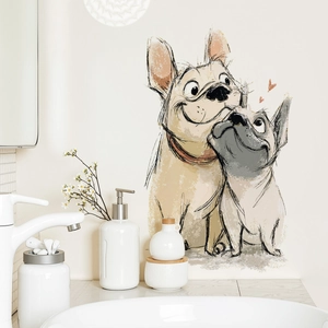Cute cartoon French Bulldog wall stickers with beige and grey puppy dogs for home decor