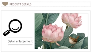 Detail view of pink lotus flowers and green leaves wall sticker with flying bird motif
