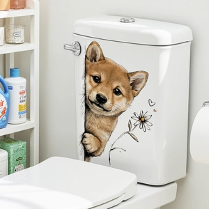 Cute shiba inu dog toilet lid sticker with floral pattern on white ceramic tank