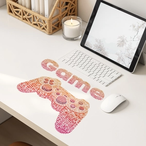 Creative gaming desk mat with red gradient game controller silhouette typography design