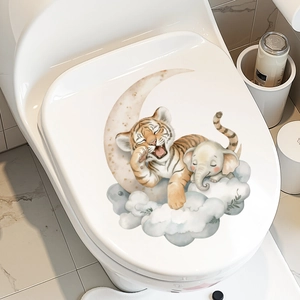 Cute cartoon baby tiger and elephant on moon removable toilet lid decorative wall sticker