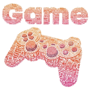 Artistic gamepad wall decal made of orange word cloud typography on white background