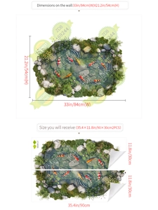 Detail showing dimensions of 3D koi pond wall decals with application layout and sizing