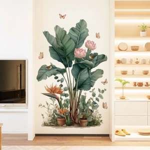 Large tropical banana leaf and bird wall decal for bedroom or living room decor