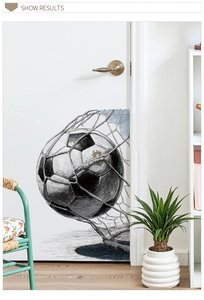 Sticker mural 3D réaliste de ballon de foot dans le filet pour décoration de porte
