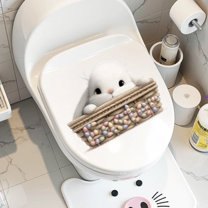 Easter bathroom set with cartoon bunny toilet sticker and pink piglet non-slip floor mat