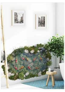 Detailed 3D wall decal of a koi pond with colorful fish and smooth river stones